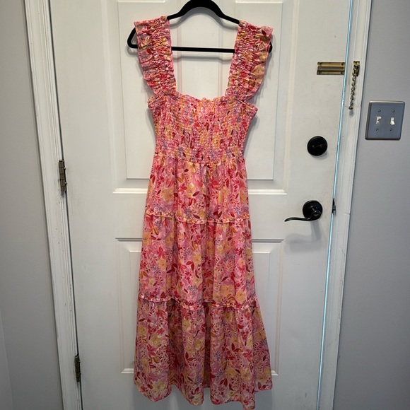 Greylin Daniela Smocked Burnout Chiffon Midi Dress is Bubble Gum - Picture 2 of 7